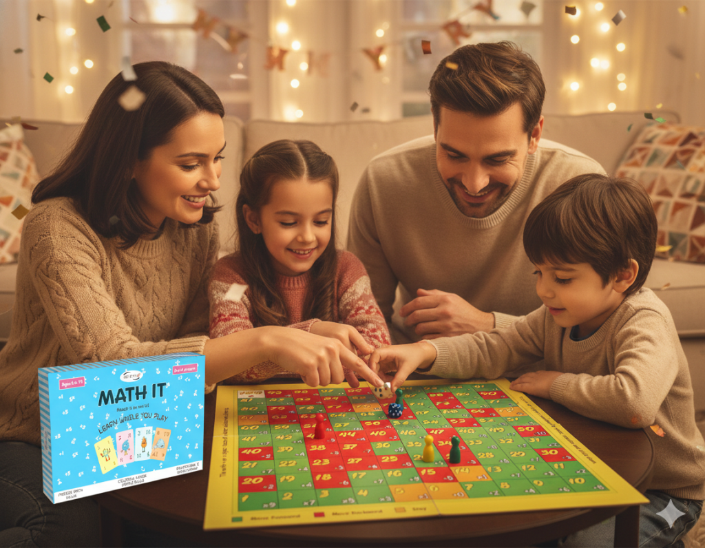 Family playing a screen-free math board game together, encouraging learning math through games
